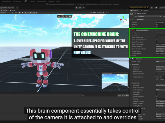 screenshot of youtube tutorial on how to add cinemachine brain script to the main camera